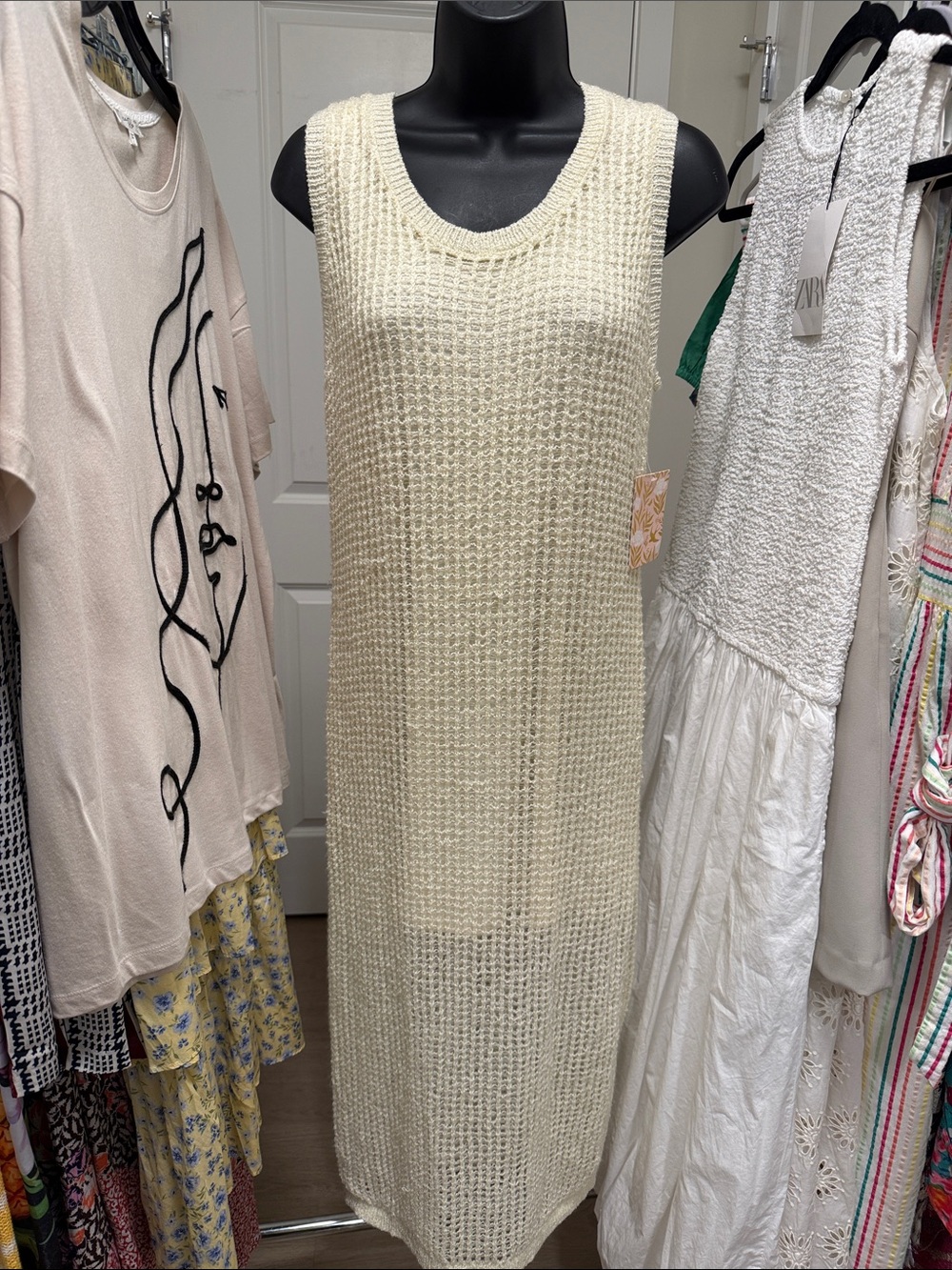 Cream Crochet Knit Sleeveless Midi Dress